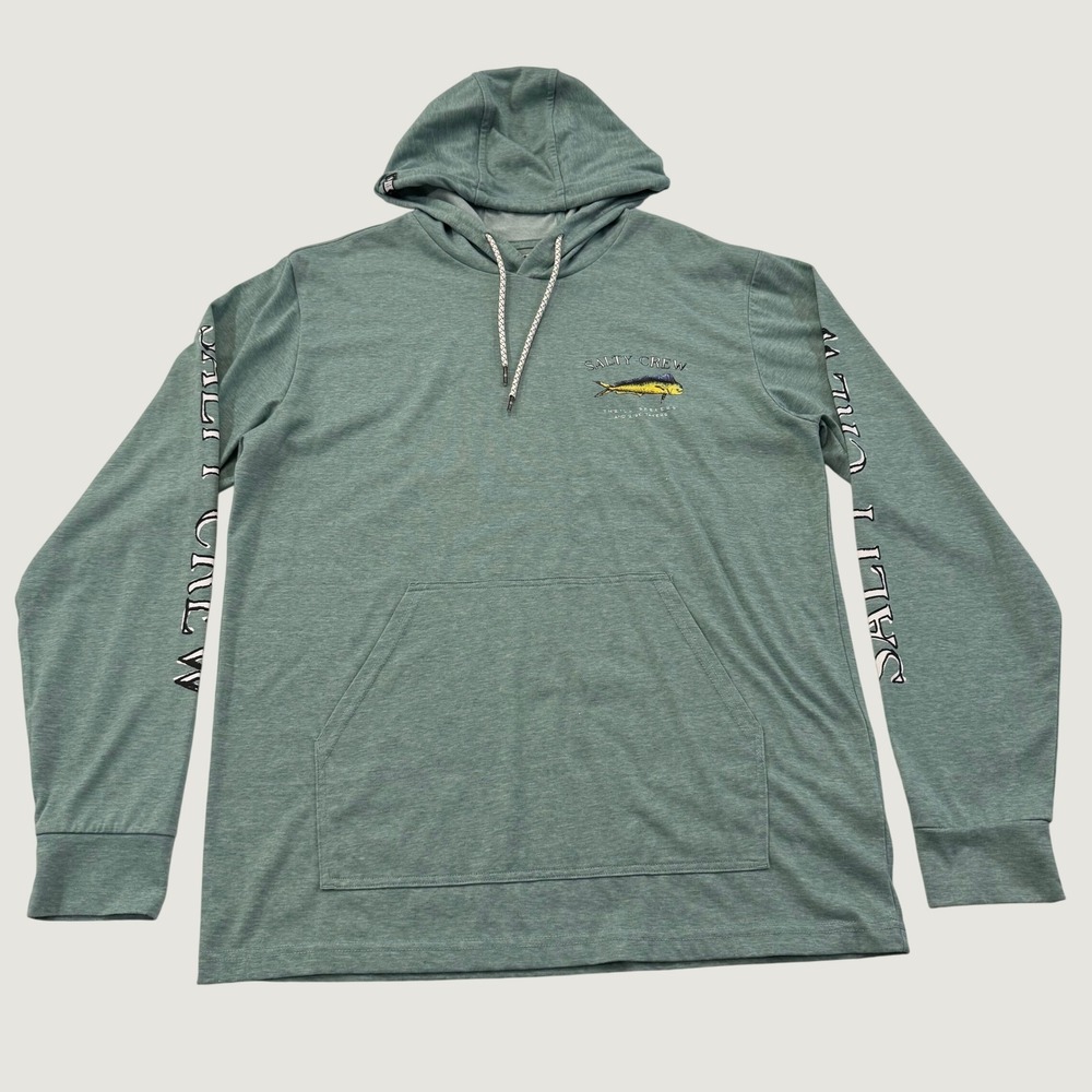 Salty Crew Technical Hoodie Mens L Green Mahi Mahi Long Sleeve Fishing Shirt